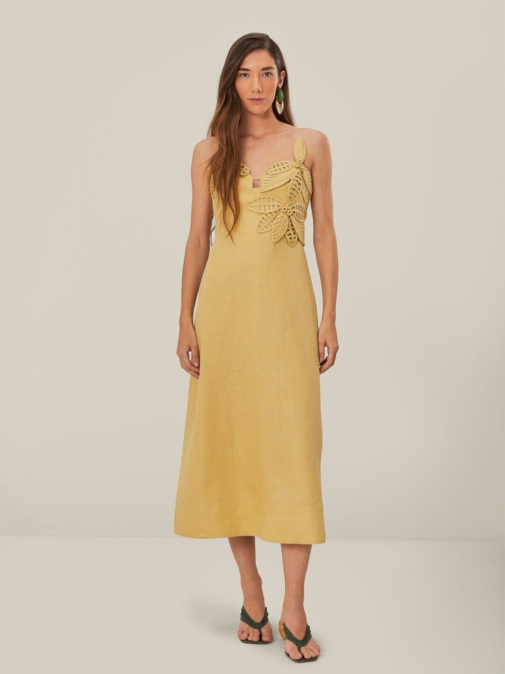 FARM Rio 3D Flower Bodice Linen Midi Dress in Sand